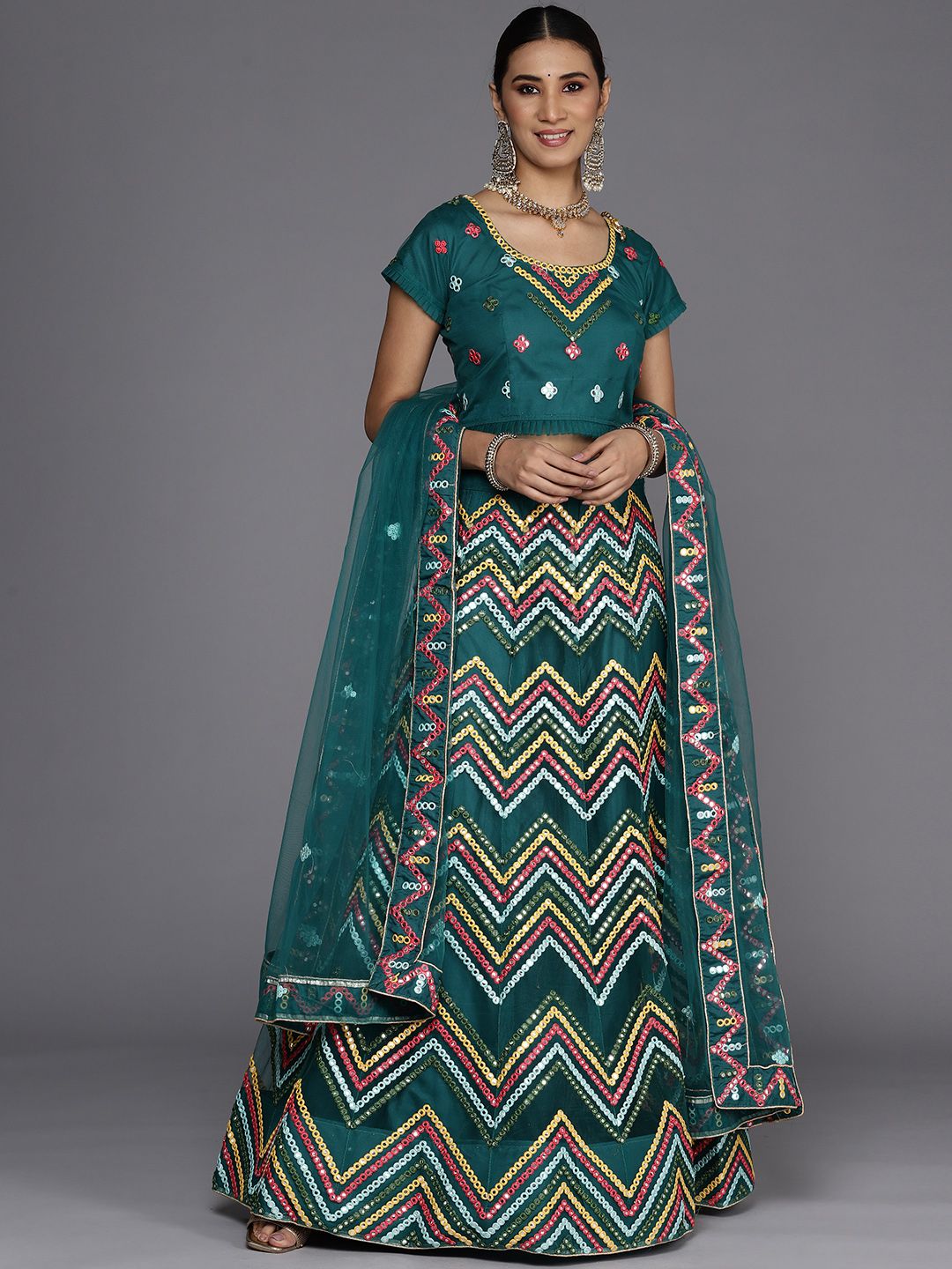 Chhabra 555 Teal Blue Embroidered Semi-Stitched Lehenga & Unstitched Blouse With Dupatta Price in India