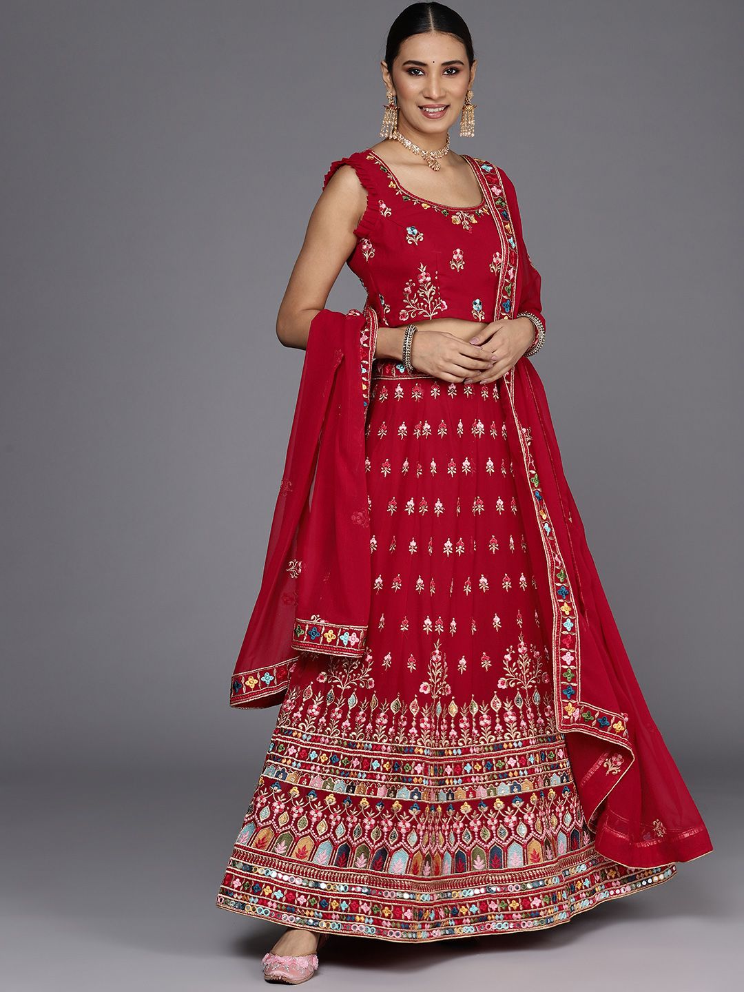 Chhabra 555 Maroon & Gold-Toned Embroidered Thread Work Semi-Stitched Lehenga & Unstitched Blouse With Price in India