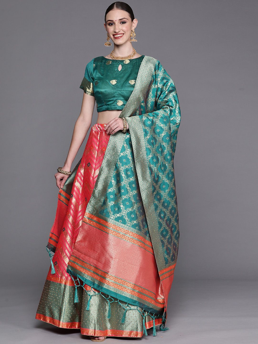 Chhabra 555 Green & Fuchsia Beads and Stones Semi-Stitched Lehenga & Unstitched Blouse With Dupatta Price in India