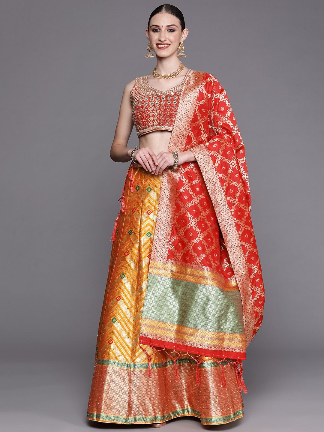 Chhabra 555 Mustard & Red Beads and Stones Semi-Stitched Lehenga & Unstitched Blouse With Dupatta Price in India