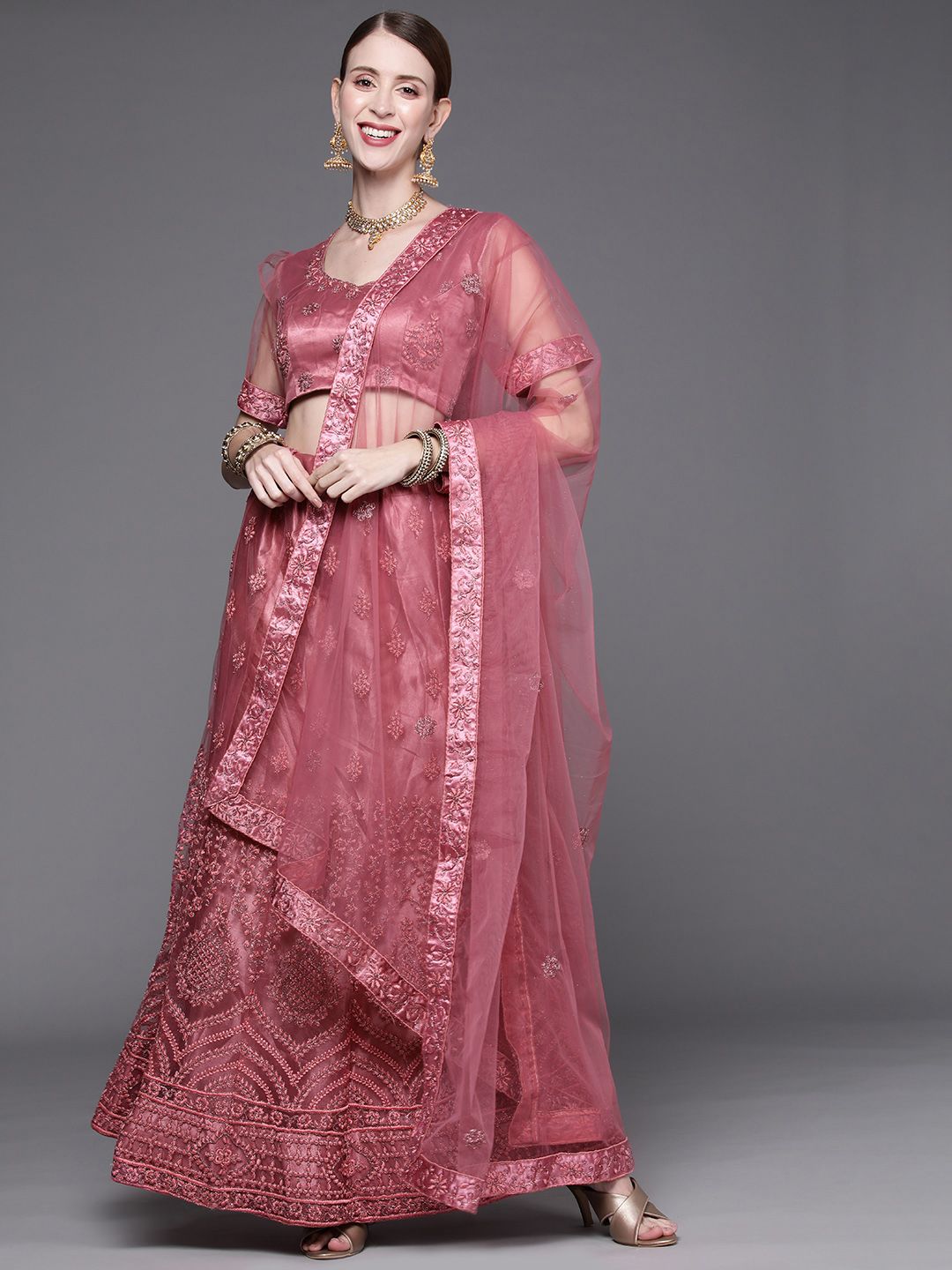 Chhabra 555 Pink Embroidered Thread Work Semi-Stitched Lehenga & Unstitched Blouse With Dupatta Price in India