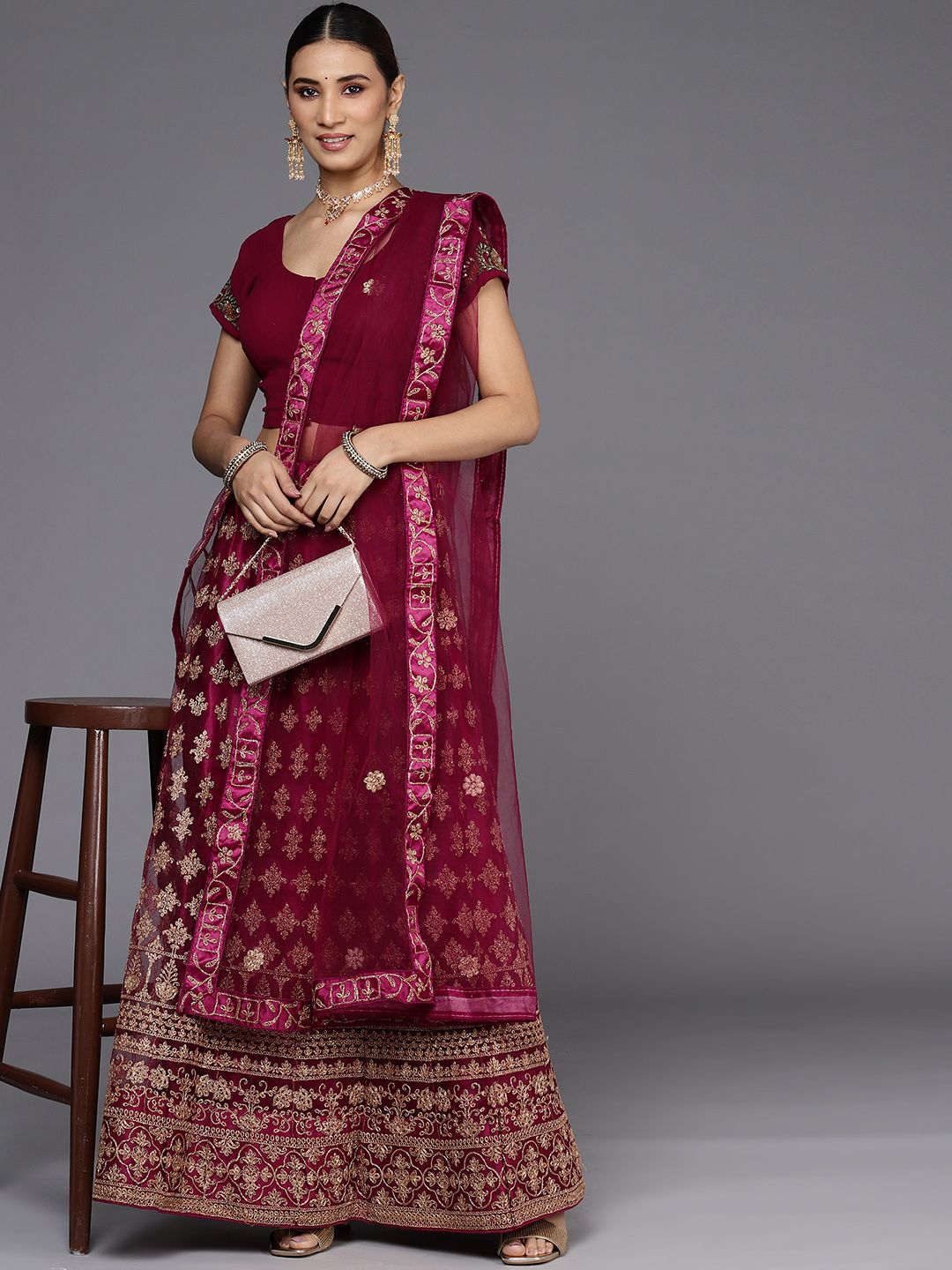 Chhabra 555 Maroon & Gold-Toned Embroidered Semi-Stitched Lehenga & Unstitched Blouse With Dupatta Price in India