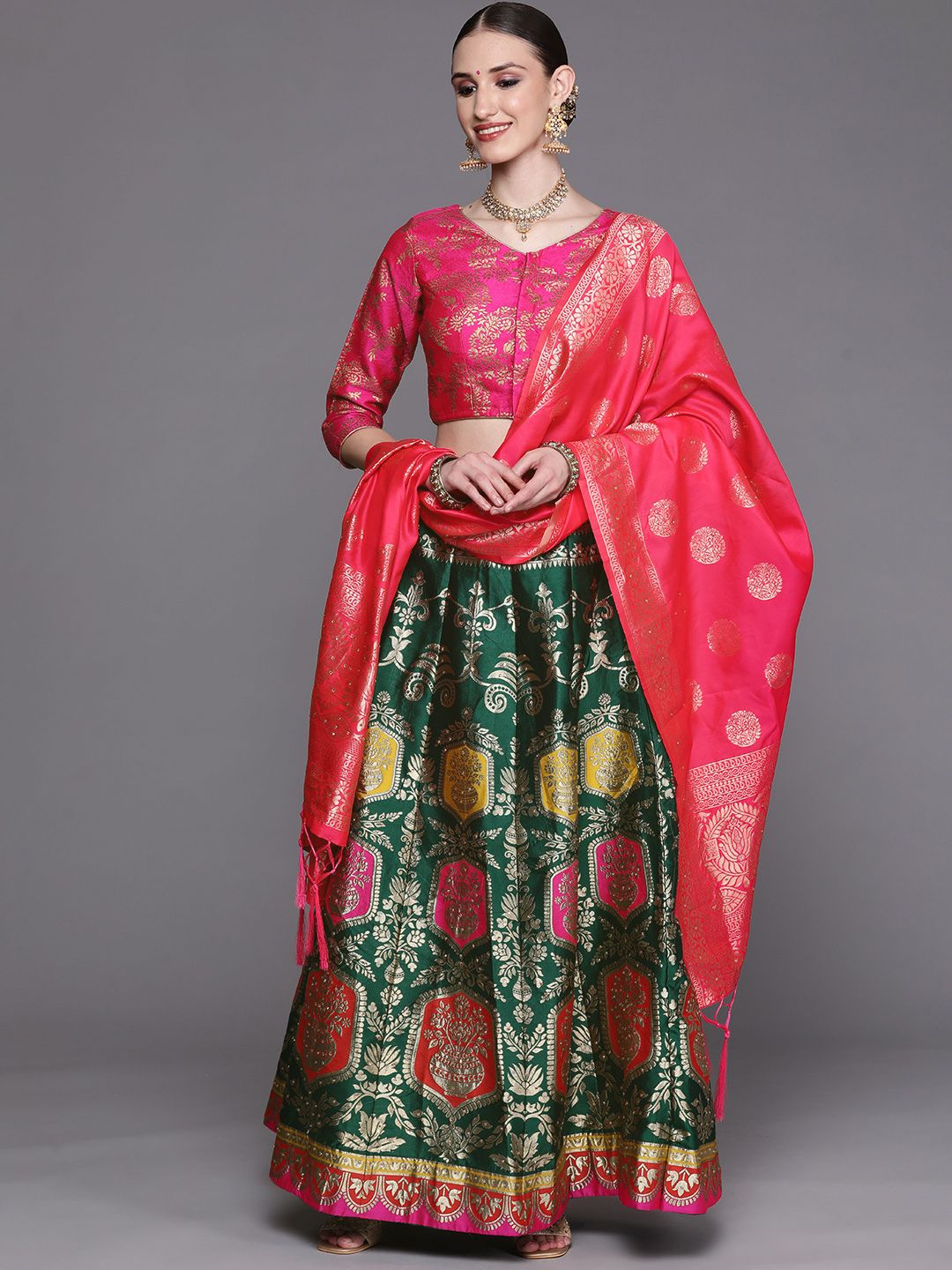 Chhabra 555 Green & Fuchsia Beads and Stones Semi-Stitched Lehenga & Unstitched Blouse With Dupatta Price in India