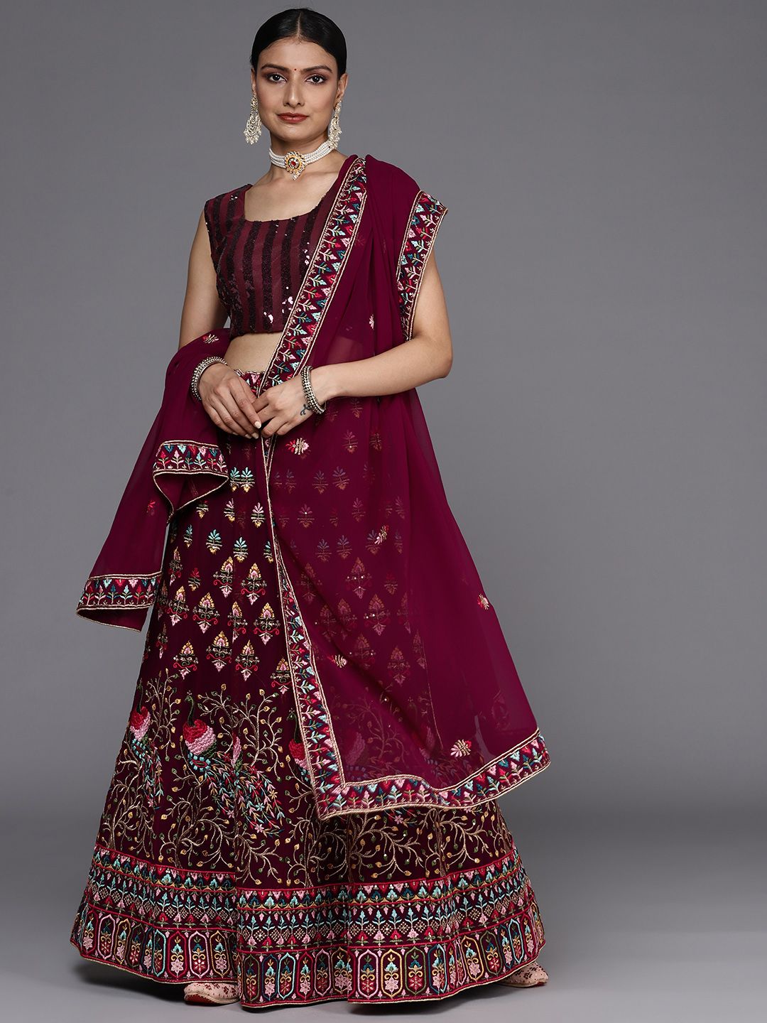 Chhabra 555 Burgundy Embroidered Semi-Stitched Lehenga & Unstitched Blouse With Dupatta Price in India