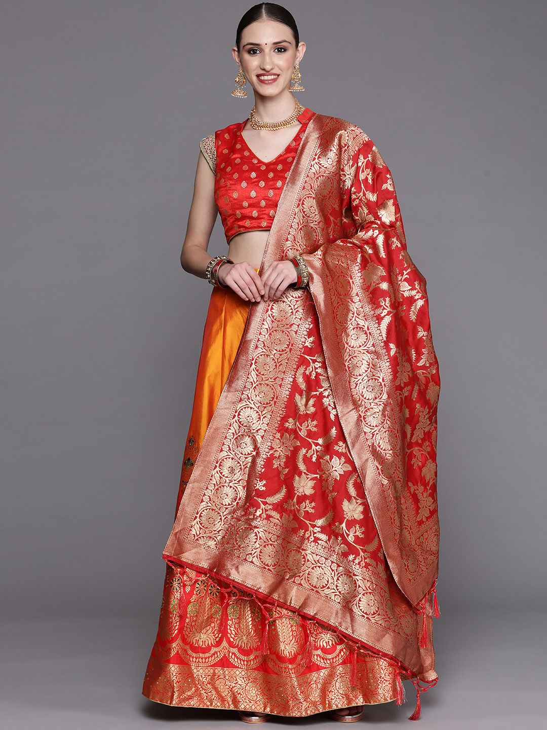 Chhabra 555 Orange & Red Hand Woven Banarasi Brocade Semi-Stitched Lehenga Set Price in India