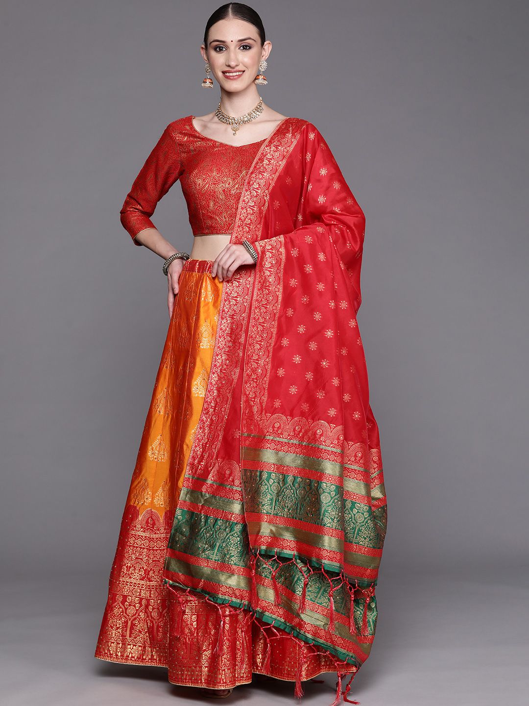 Chhabra 555 Mustard & Red Beads and Stones Semi-Stitched Lehenga & Unstitched Blouse With Dupatta Price in India
