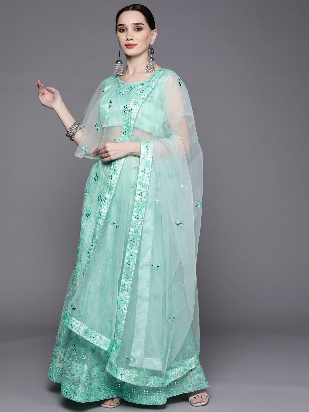 Chhabra 555 Turquoise Blue Embroidered Mirror Work Semi-Stitched Lehenga & Unstitched Blouse With Dupatta Price in India