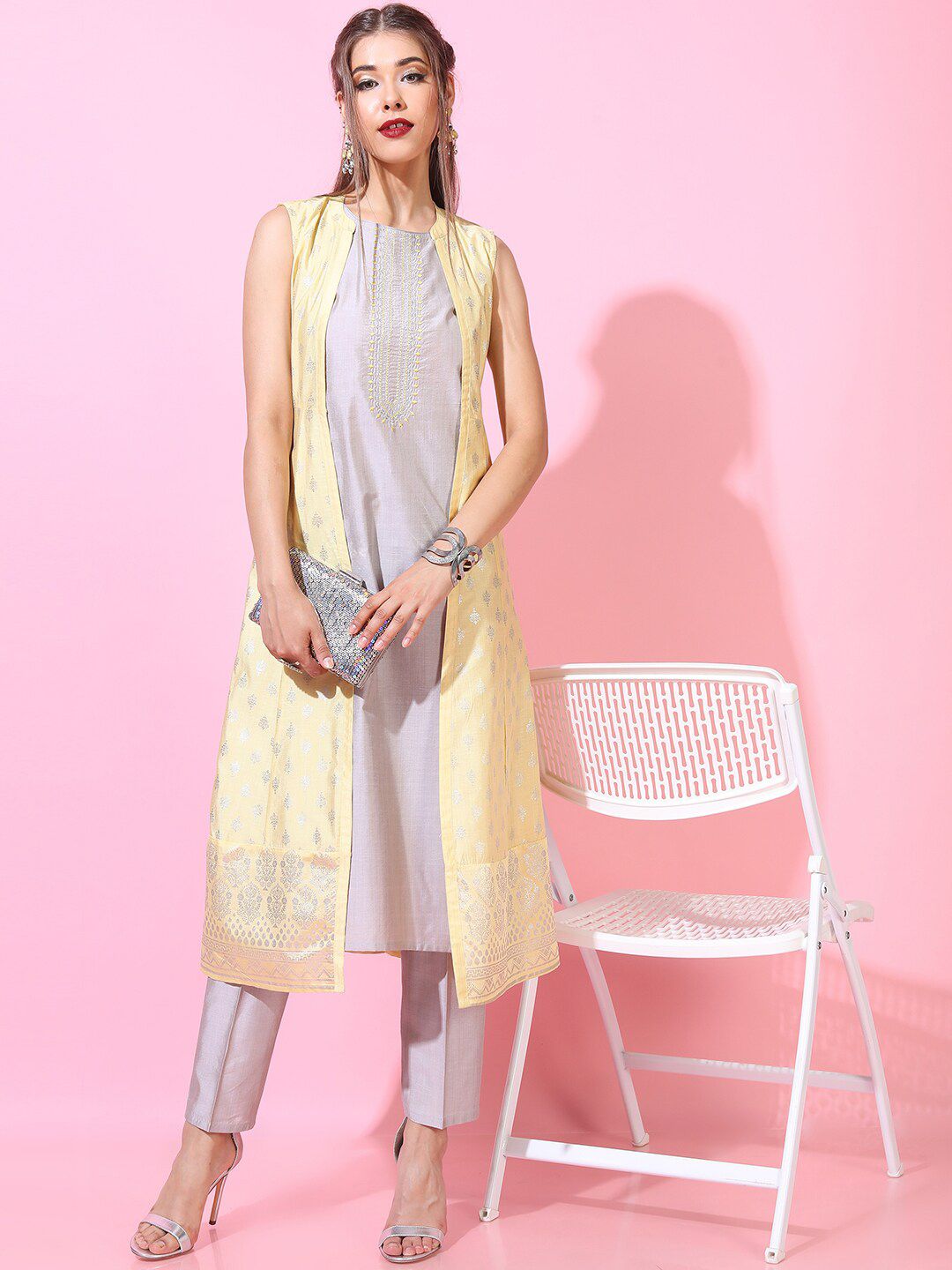 Vishudh Women Yellow & Grey Ethnic Motifs Kurta with Trouser and Jacket Price in India