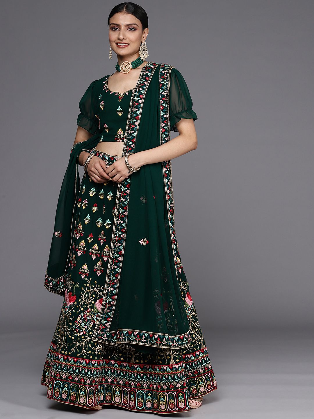 Chhabra 555 Green Embroidered Thread Work Semi-Stitched Lehenga & Unstitched Blouse With Dupatta Price in India