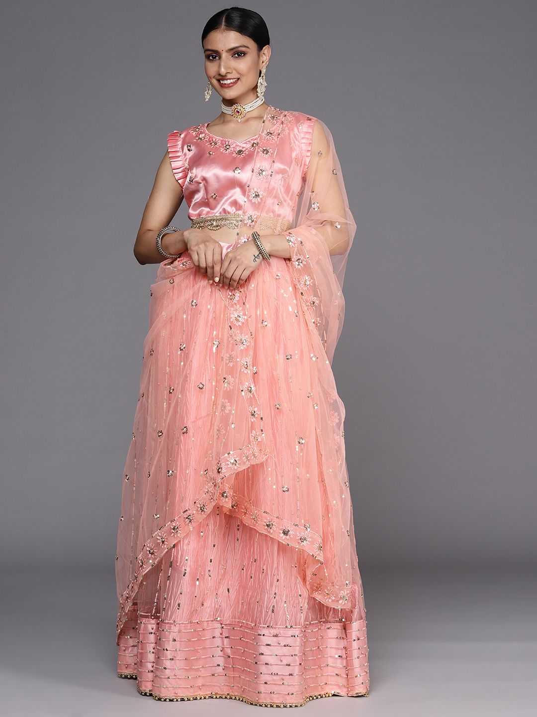 Chhabra 555 Pink Sequinned Semi-Stitched Lehenga & Unstitched Blouse With Dupatta Price in India