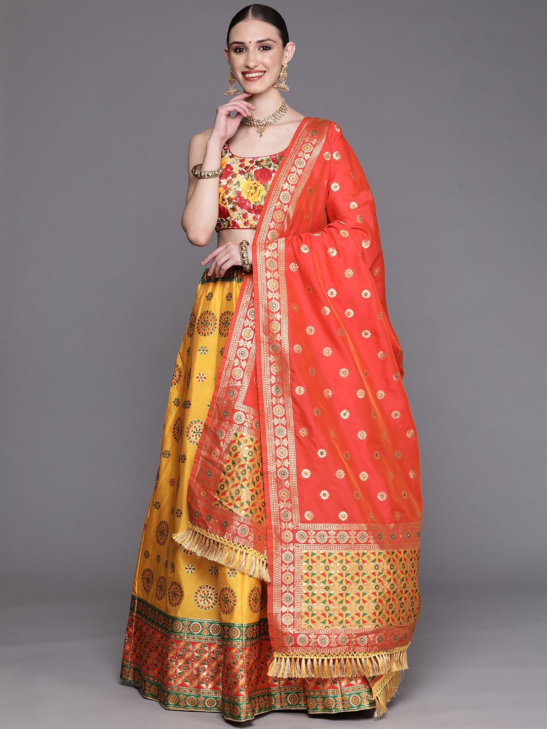 Chhabra 555 Yellow & Orange Beads and Stones Kalamkari Semi-Stitched Lehenga & Unstitched Blouse With Price in India