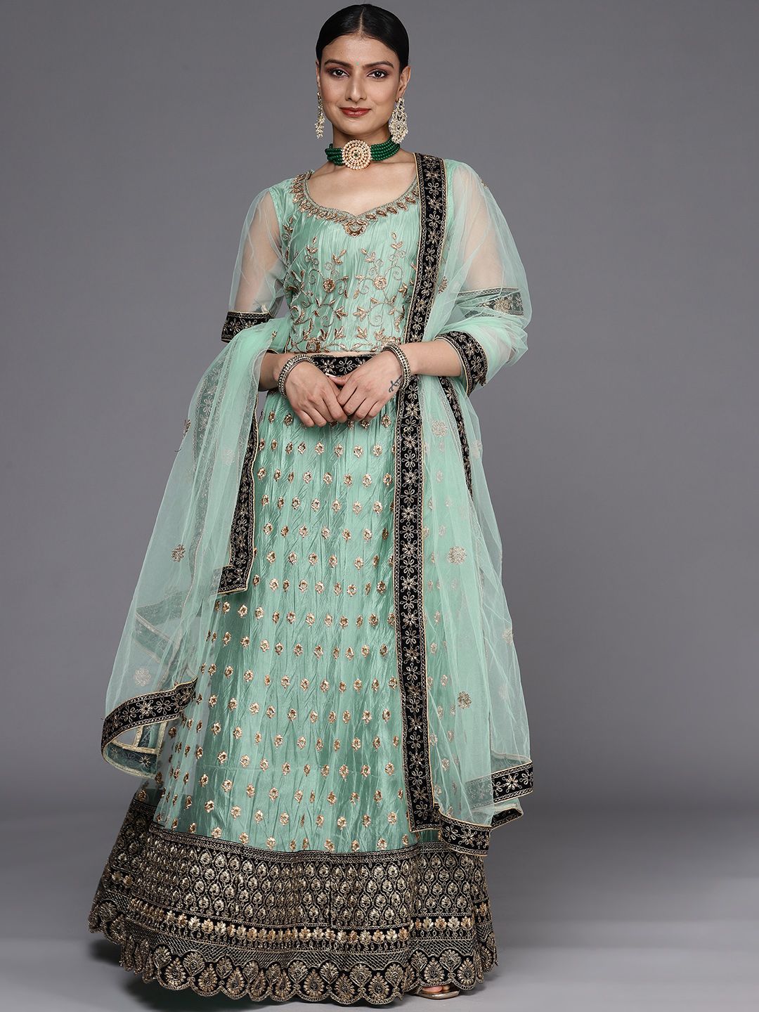 Chhabra 555 Green Embroidered Semi-Stitched Lehenga & Unstitched Blouse With Dupatta Price in India