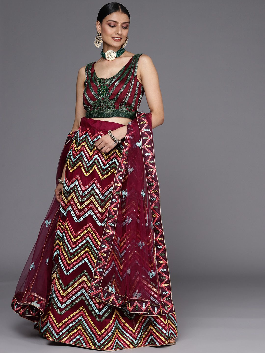 Chhabra 555 Burgundy Embroidered Semi-Stitched Lehenga & Unstitched Blouse With Dupatta Price in India