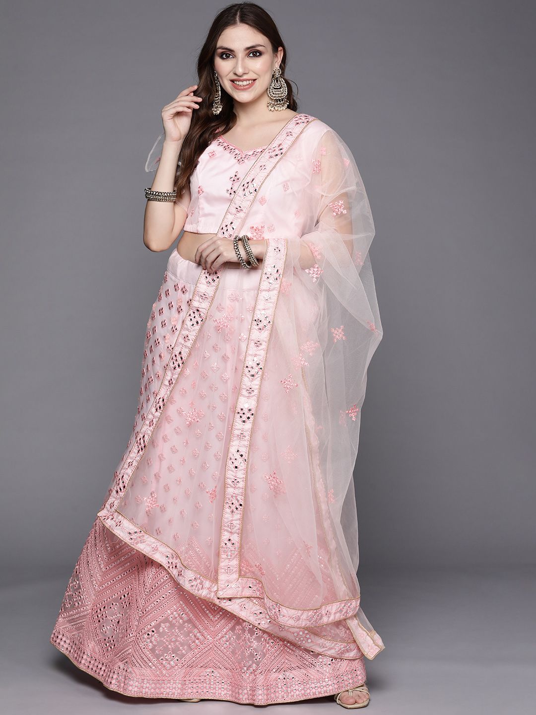 Chhabra 555 Pink Embroidered Mirror Work Semi-Stitched Lehenga & Unstitched Blouse With Dupatta Price in India