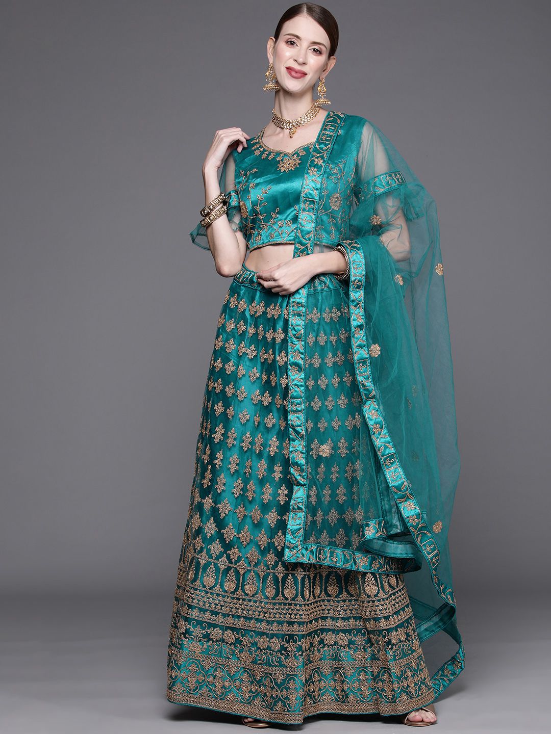 Chhabra 555 Teal Green & Golden Semi-Stitched Lehenga & Unstitched Blouse With Dupatta Price in India