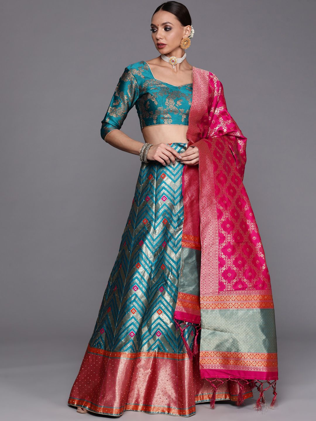 Chhabra 555 Teal Blue & Magenta Semi-Stitched Lehenga & Unstitched Blouse With Dupatta Price in India