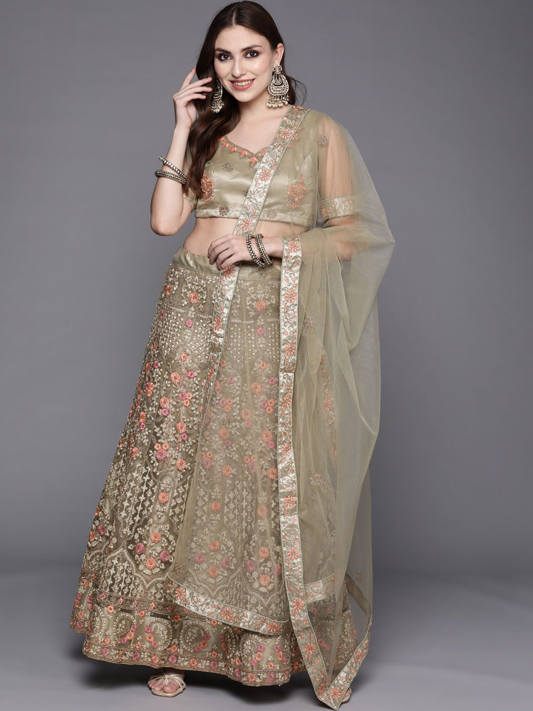 Chhabra 555 Olive Green & Peach-Coloured Embroidered Thread Work Semi-Stitched Lehenga & Unstitched Blouse Price in India