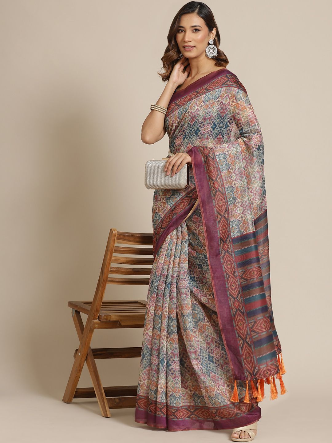 Silk Land Beige & Purple Ethnic Motifs Pure Cotton Chanderi Saree Price in India