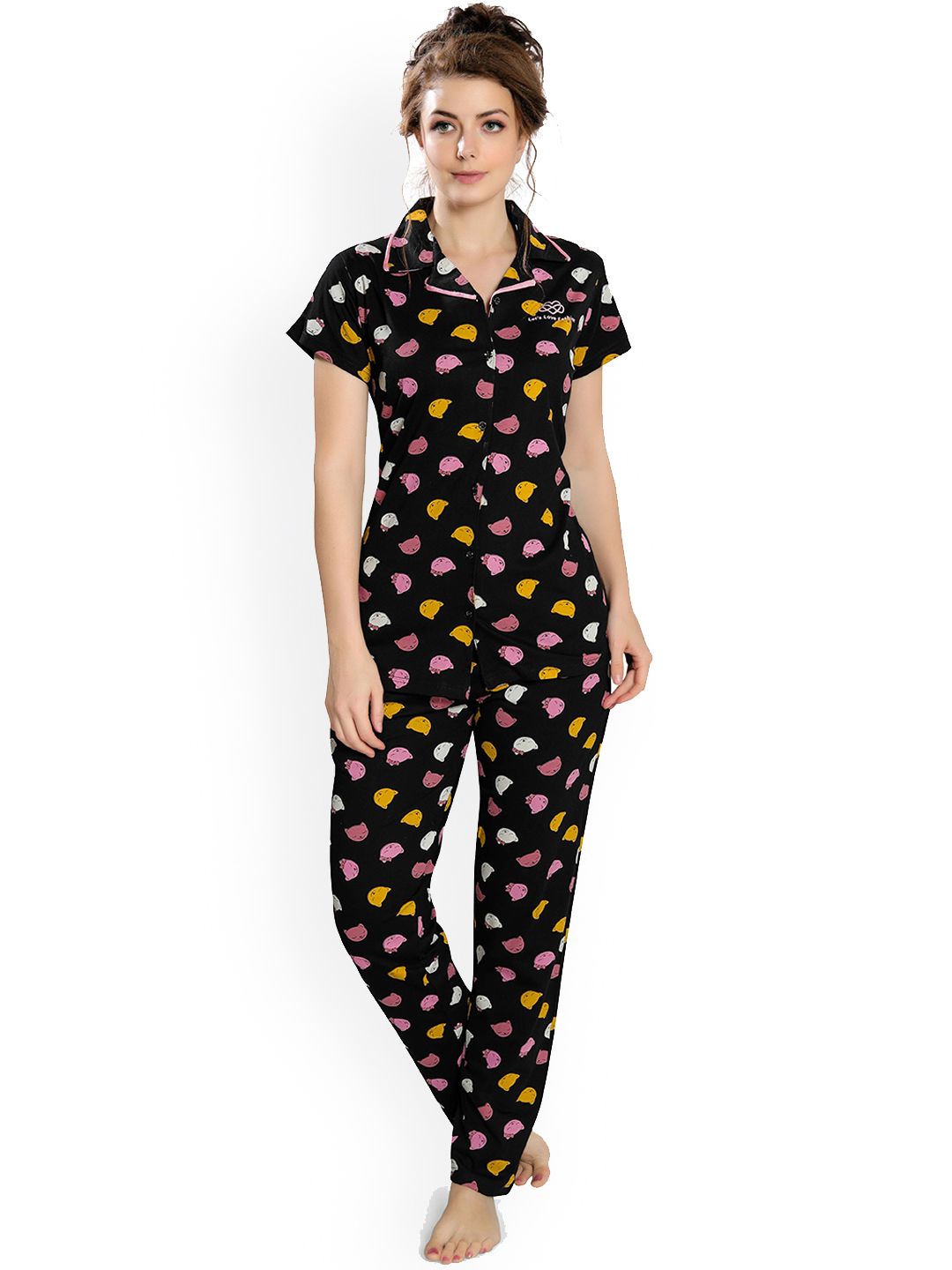 Ever Loved Women Black & Pink Printed Pure Cotton Night Suit Price in India