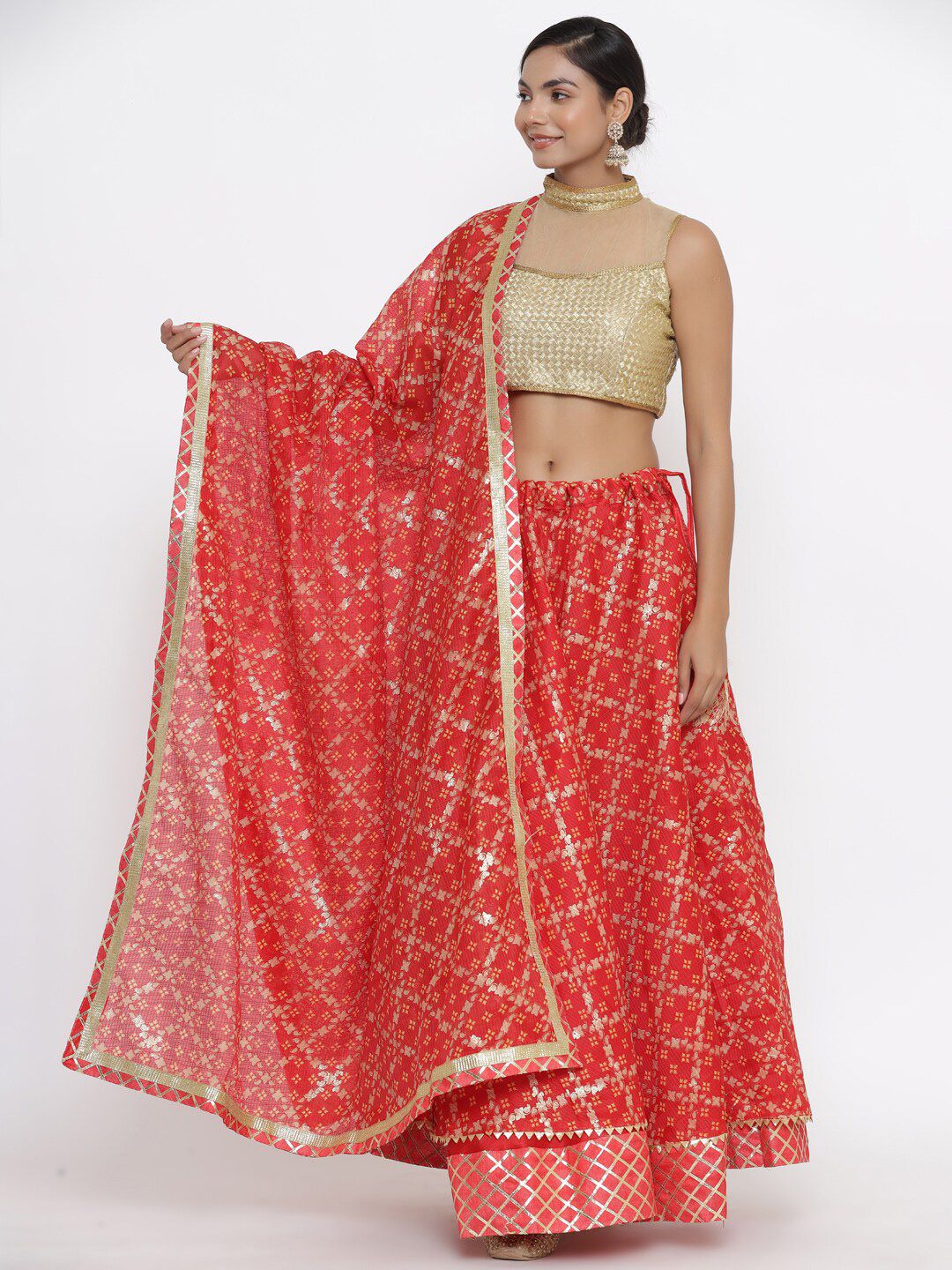 Kesarya Red & Gold-Toned Embellished Ready to Wear Lehenga & Unstitched Blouse With Dupatta Price in India