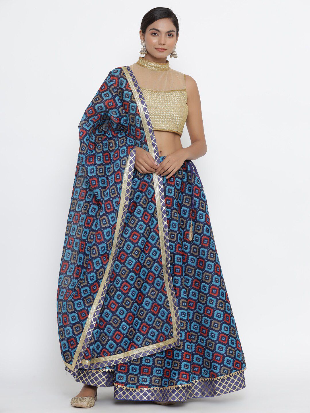 Kesarya Navy Blue & Red Embellished Khari Print Ready to Wear Lehenga & Unstitched Blouse With Dupatta Price in India