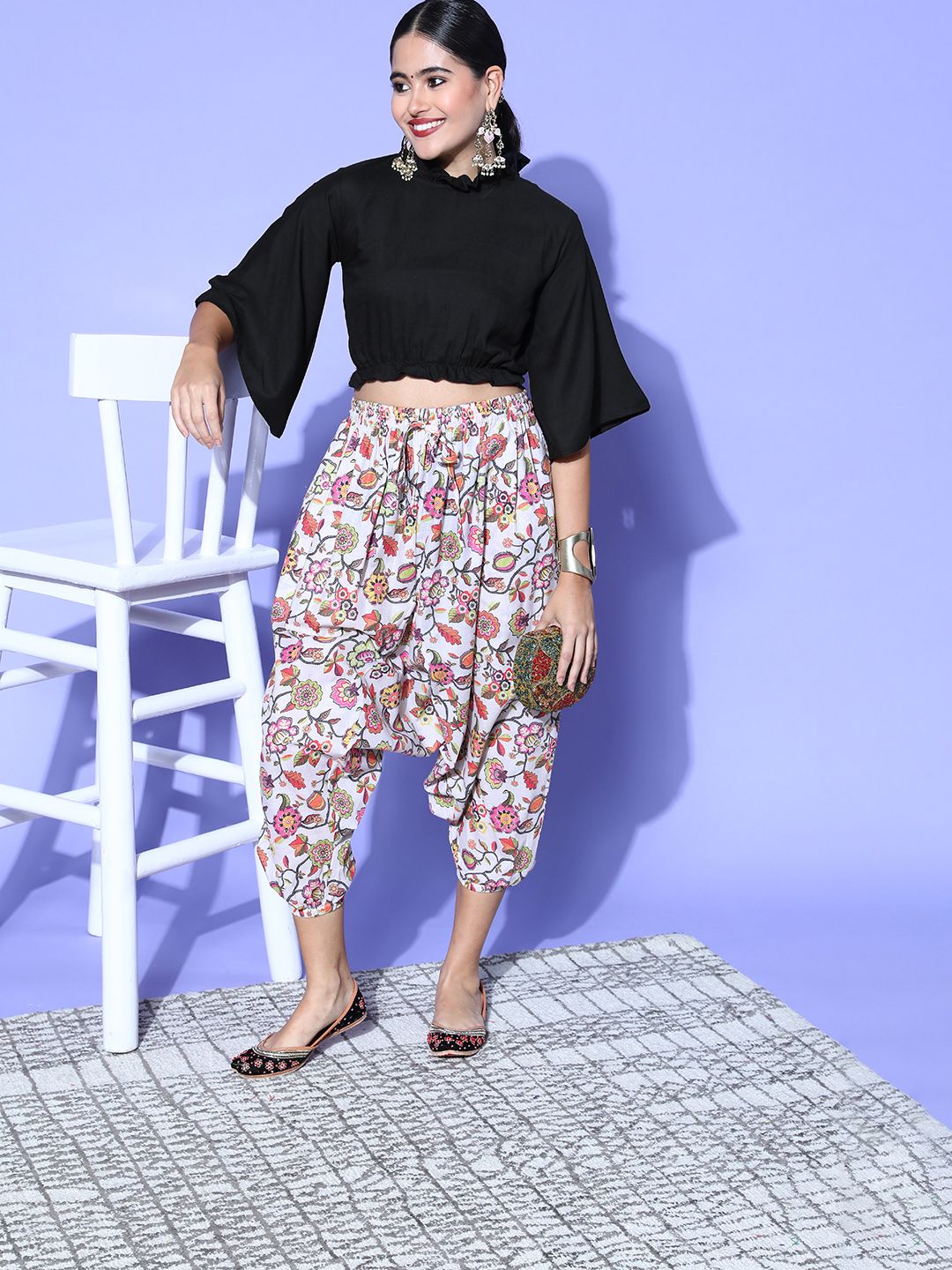 InWeave Women Black & White Solid Crop Top with Printed Harem Pants Price in India