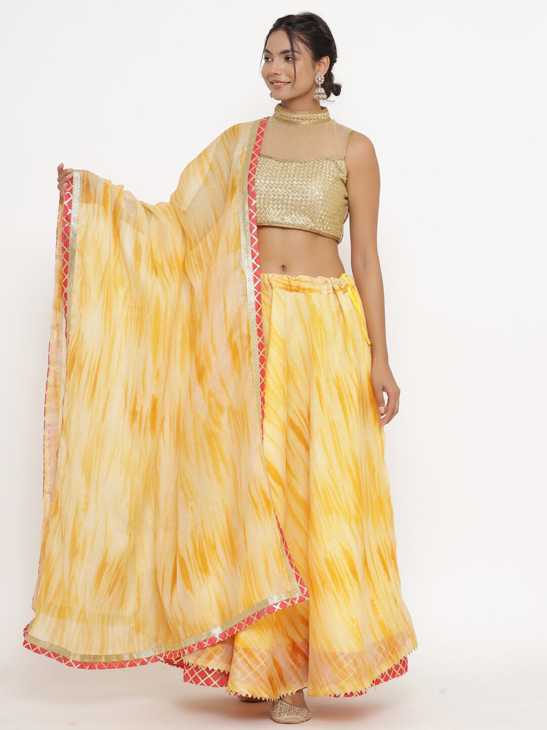 Kesarya Yellow & Pink Embellished Tie and Dye Ready to Wear Lehenga & Unstitched Blouse With Dupatta Price in India