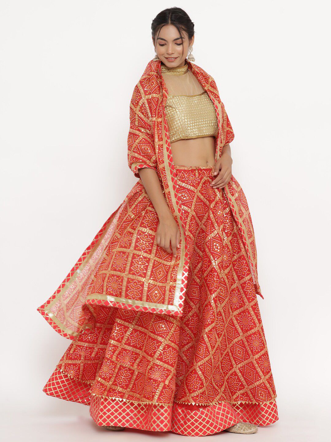 Kesarya Orange & White Embellished Ready to Wear Lehenga & Unstitched Blouse With Dupatta Price in India