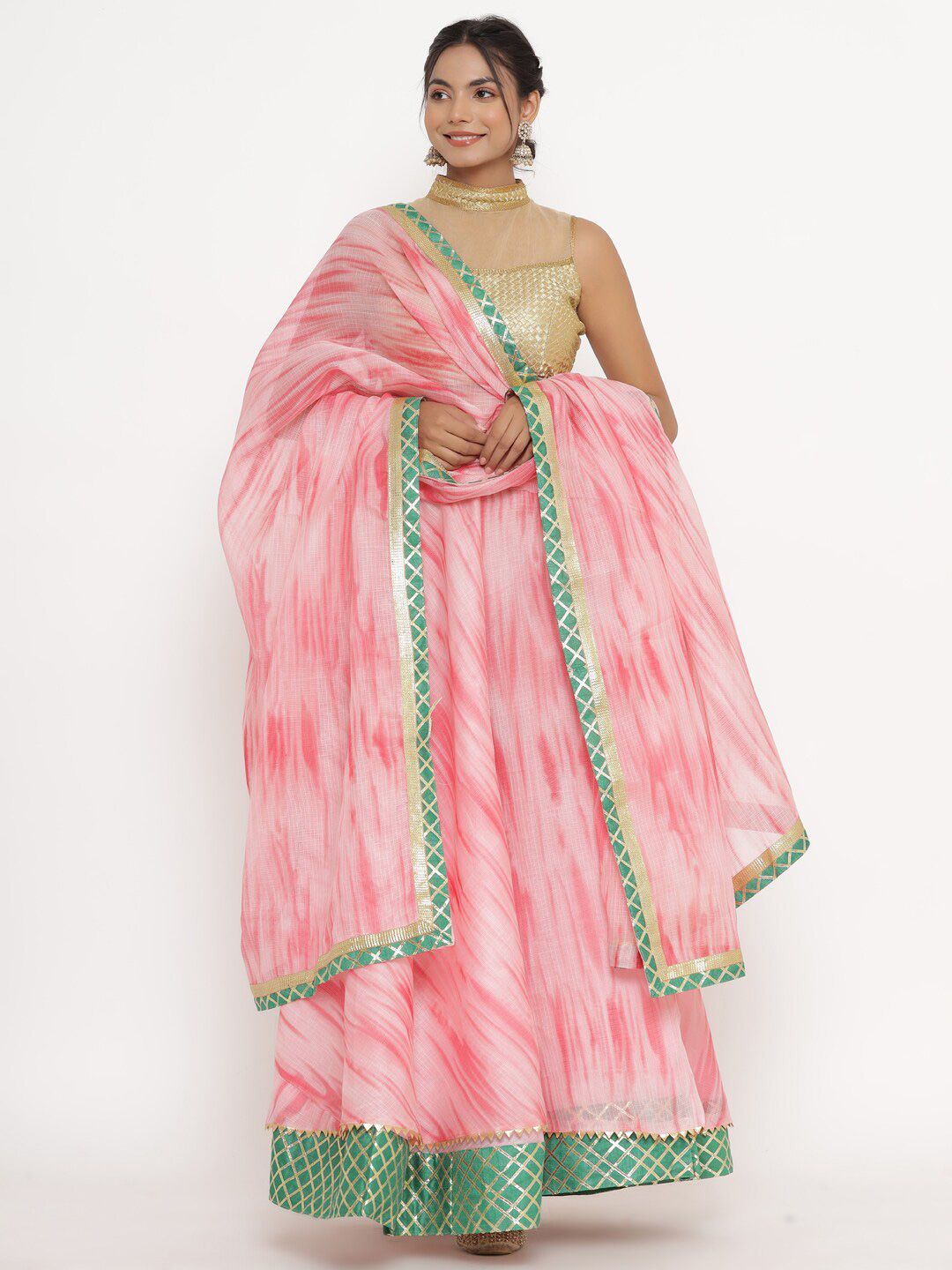 Kesarya Pink & Green Embellished Tie and Dye Ready to Wear Lehenga & Unstitched Blouse With Dupatta Price in India