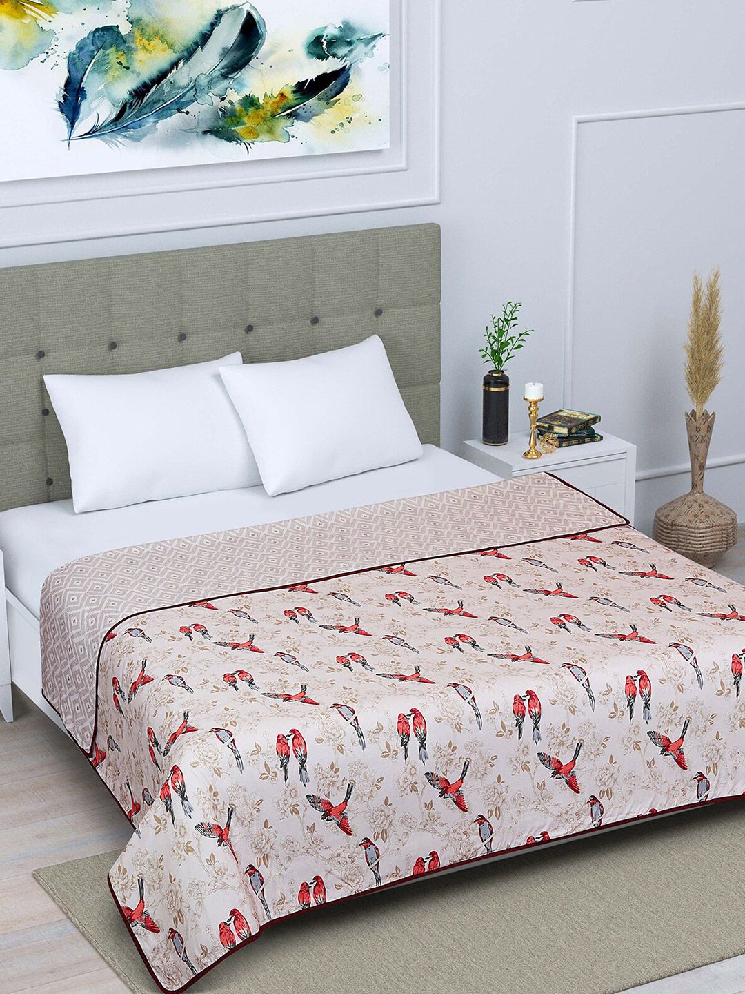 ROMEE Cream-Coloured & Red Floral AC Room 300 GSM Reversible Double Bed Dohar Price in India