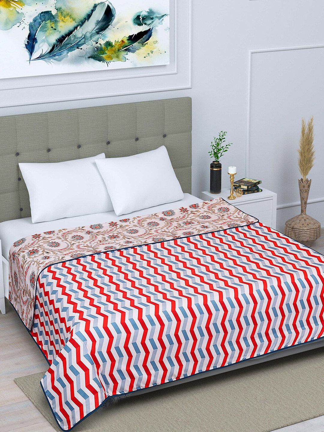 ROMEE Cream-Coloured & Red AC Room 300 GSM Double Bed Cotton Dohar Price in India