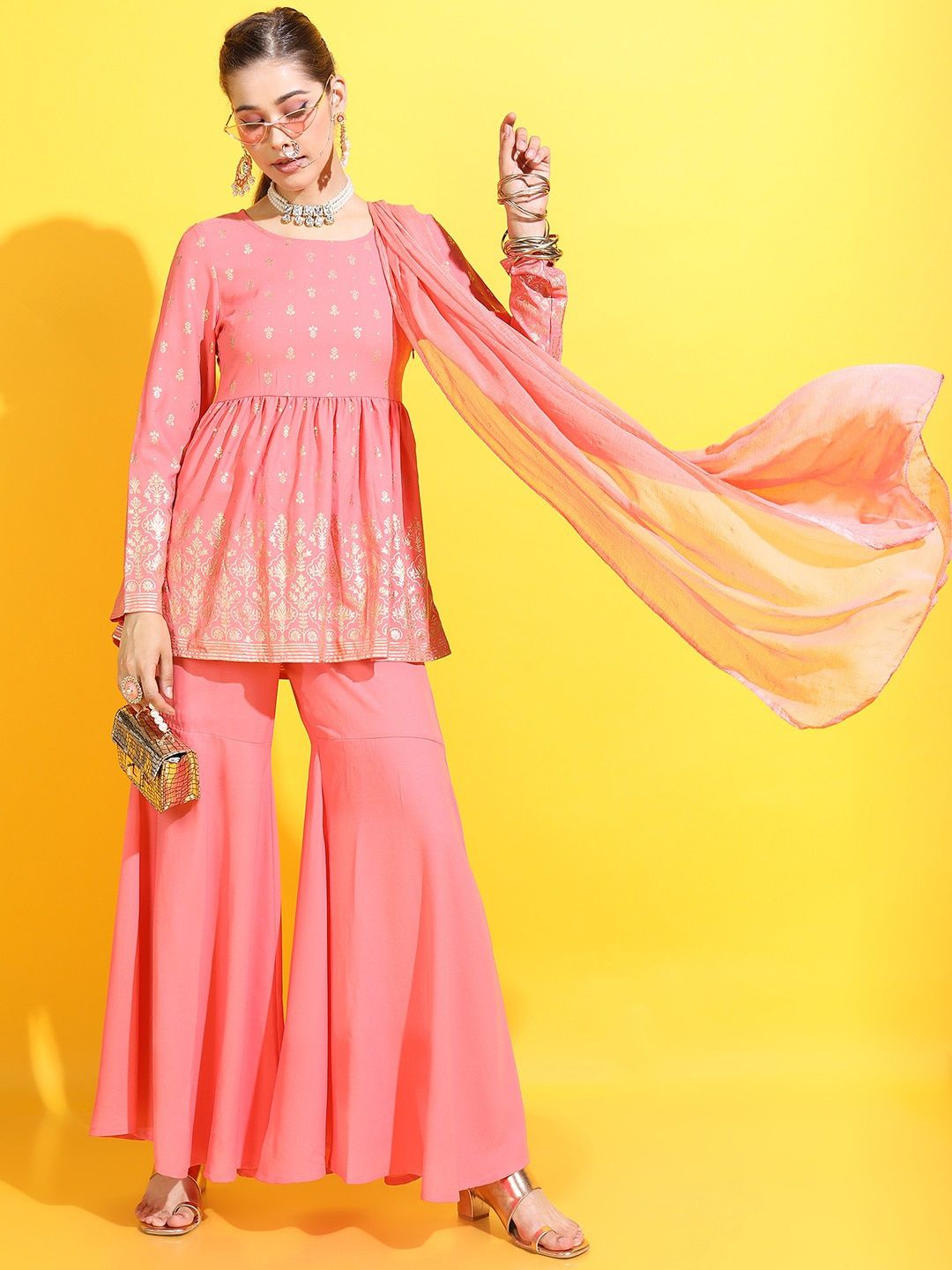 Vishudh Women Ethnic Motifs Viscose Rayon Kurta with Palazzo and Dupatta Price in India