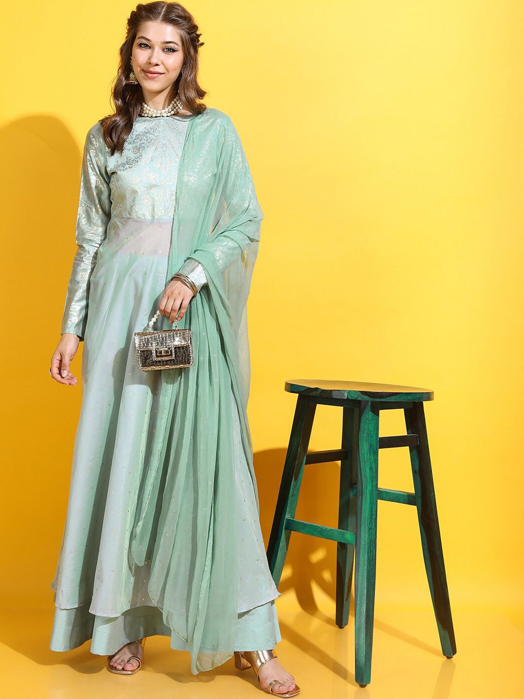 Vishudh Women Green Floral Polyester Kurta with Skirt & Dupatta Price in India