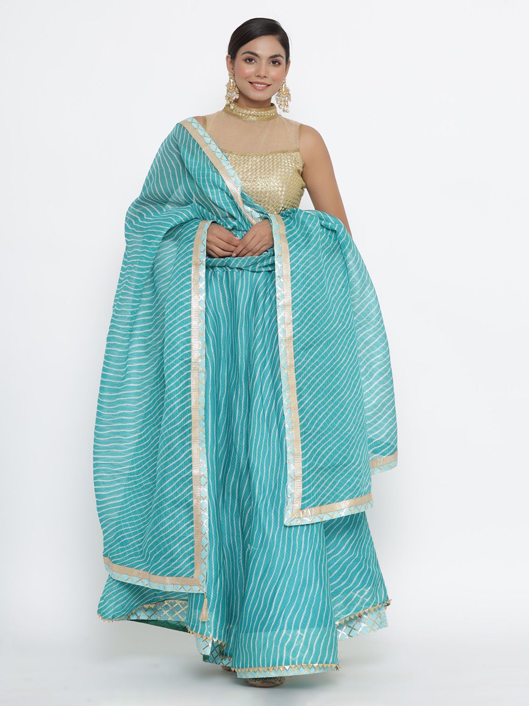 Kesarya Blue & Gold-Toned Embellished Ready to Wear Lehenga & Unstitched Blouse With Dupatta Price in India