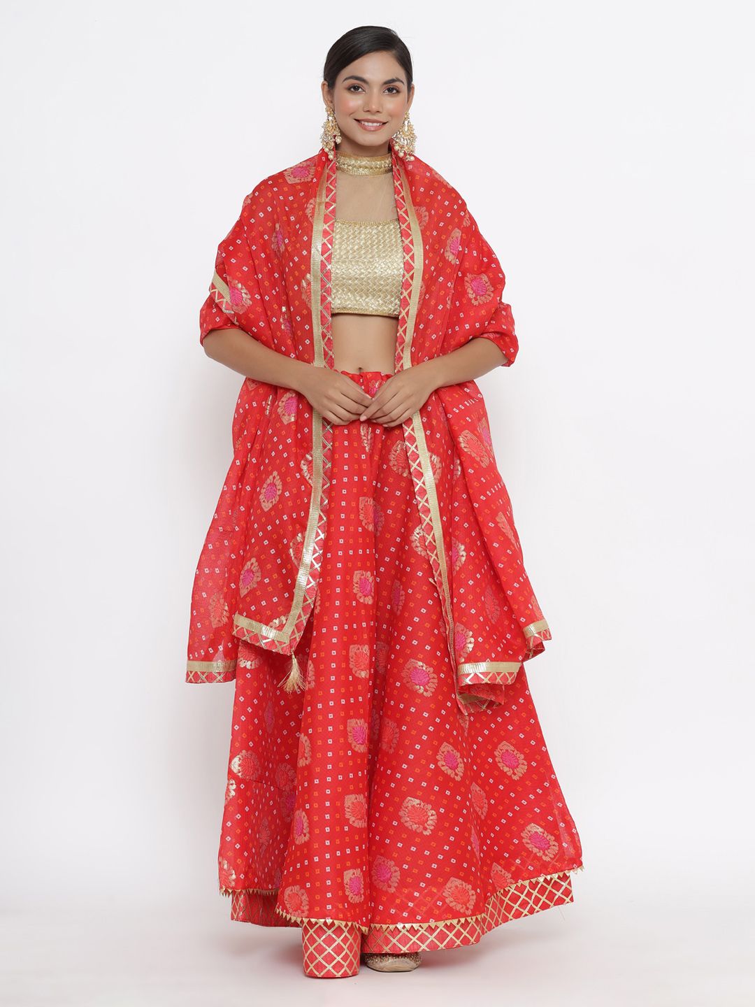 Kesarya Red & Gold-Toned Embellished Ready to Wear Lehenga & Unstitched Blouse With Dupatta Price in India