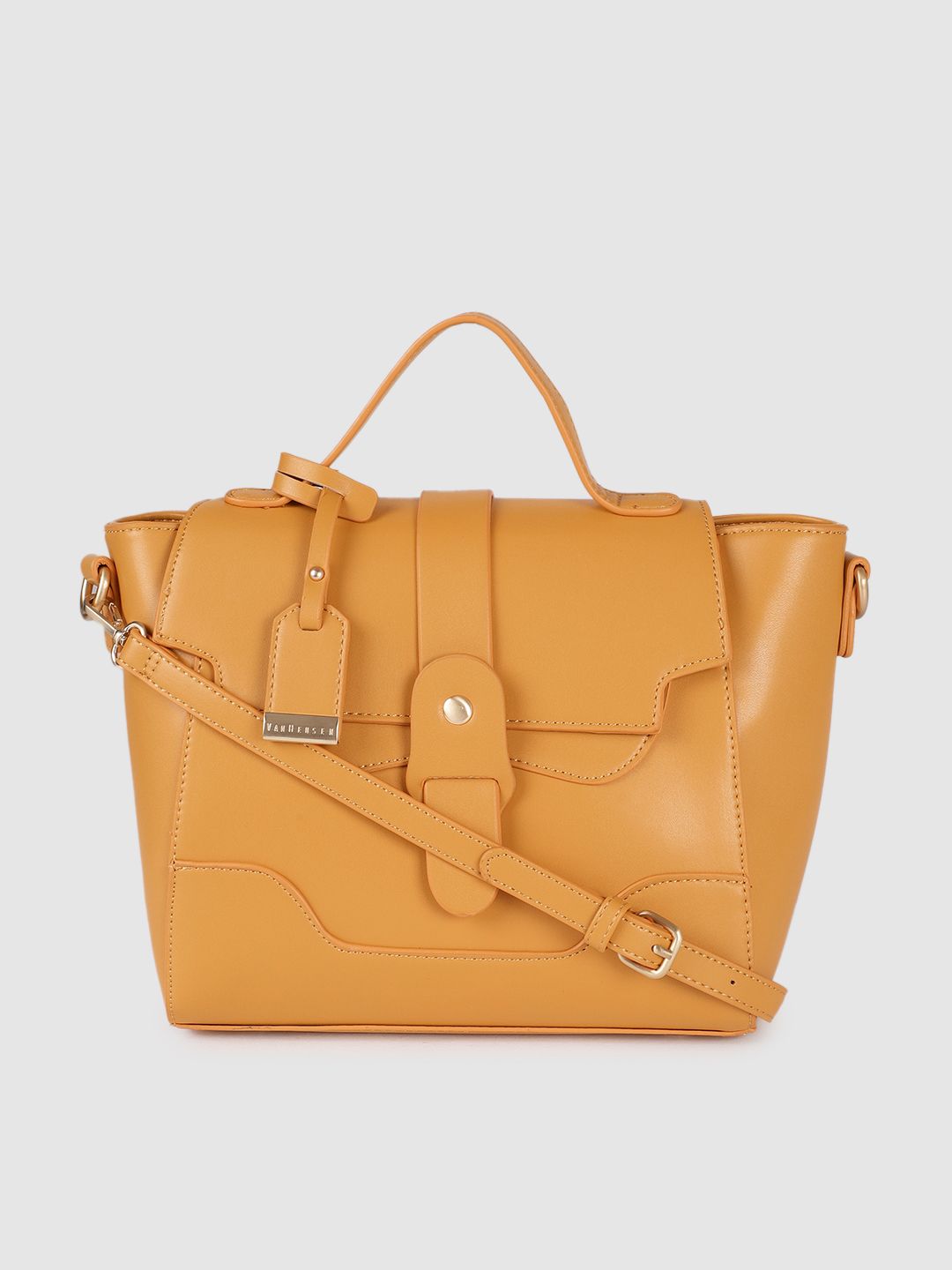 Van Heusen Mustard Yellow Solid Structured Satchel Price in India