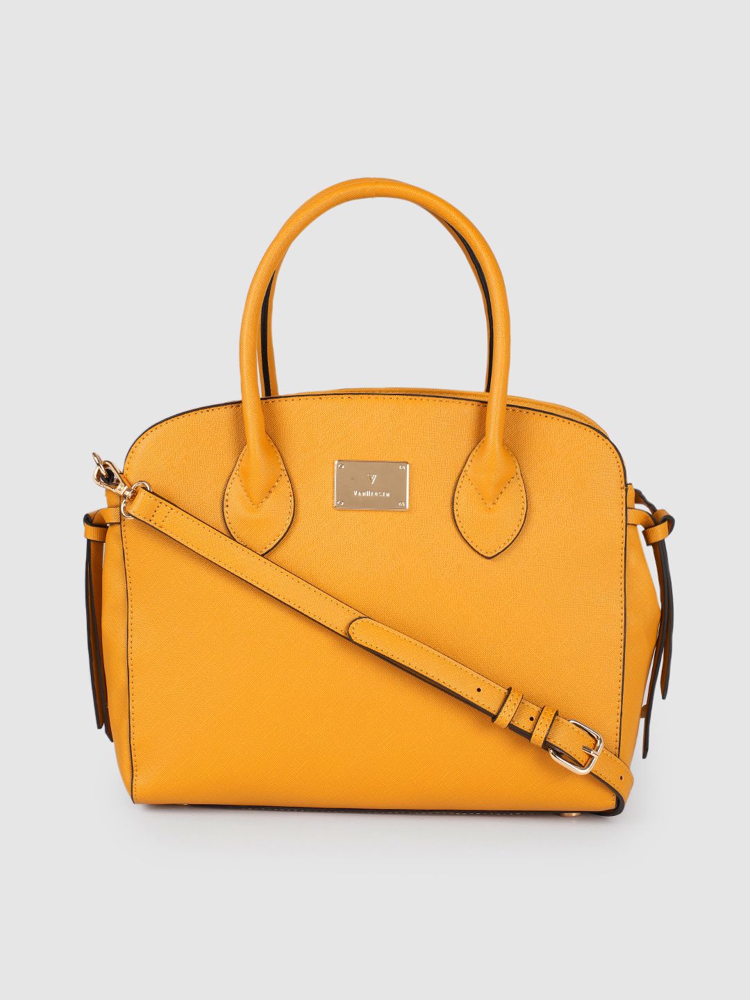 Van Heusen Mustard Yellow Solid Structured Handheld Bag Price in India