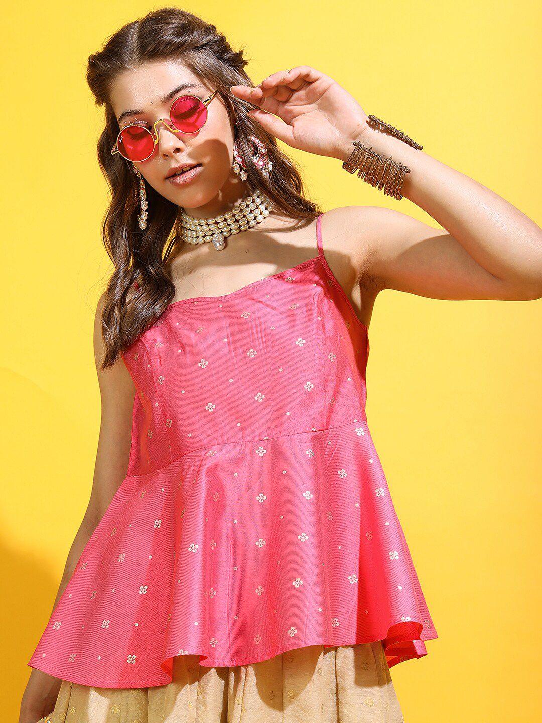 Vishudh Pink Geometric Print Peplum Top