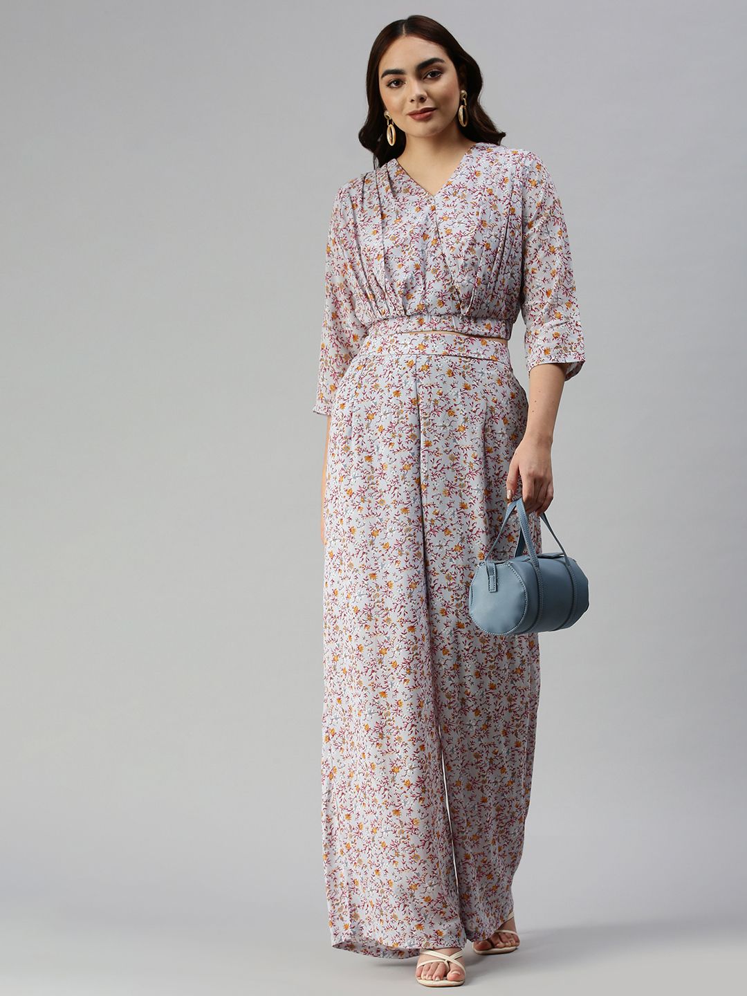 SHOWOFF Women Grey & Maroon Floral Print Co-Ords
