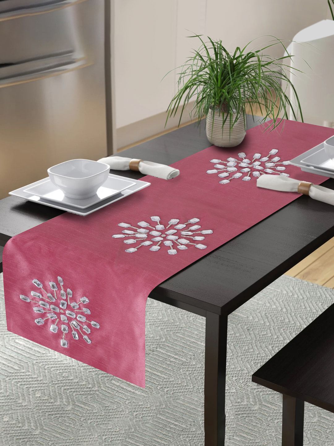 Alina decor Pink & Silver Embroidered Table Runner Price in India