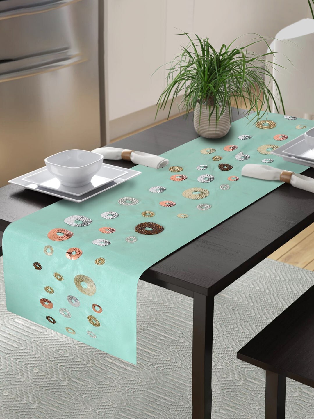 Alina decor Sea-Green & Golden Embellished 6-Seater Table Runner Price in India