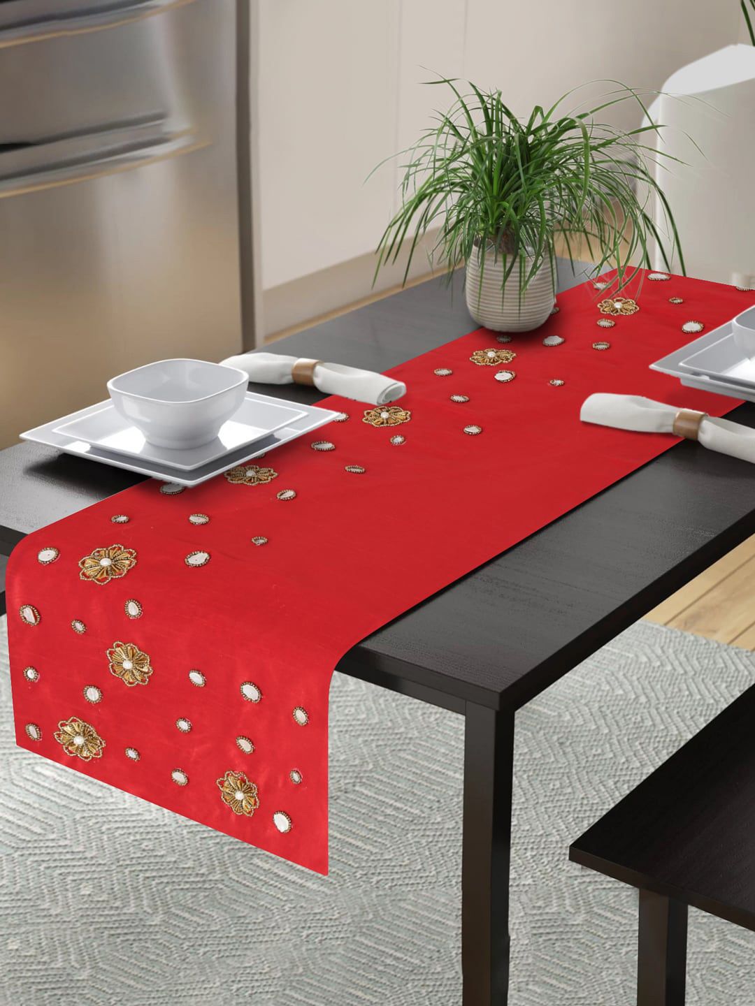 Alina decor Red & White Embroidered Table Runners Price in India