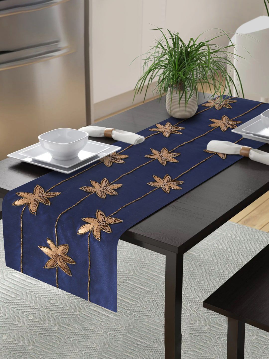 Alina decor Navy Blue & Copper Embroidered Table Runner Price in India