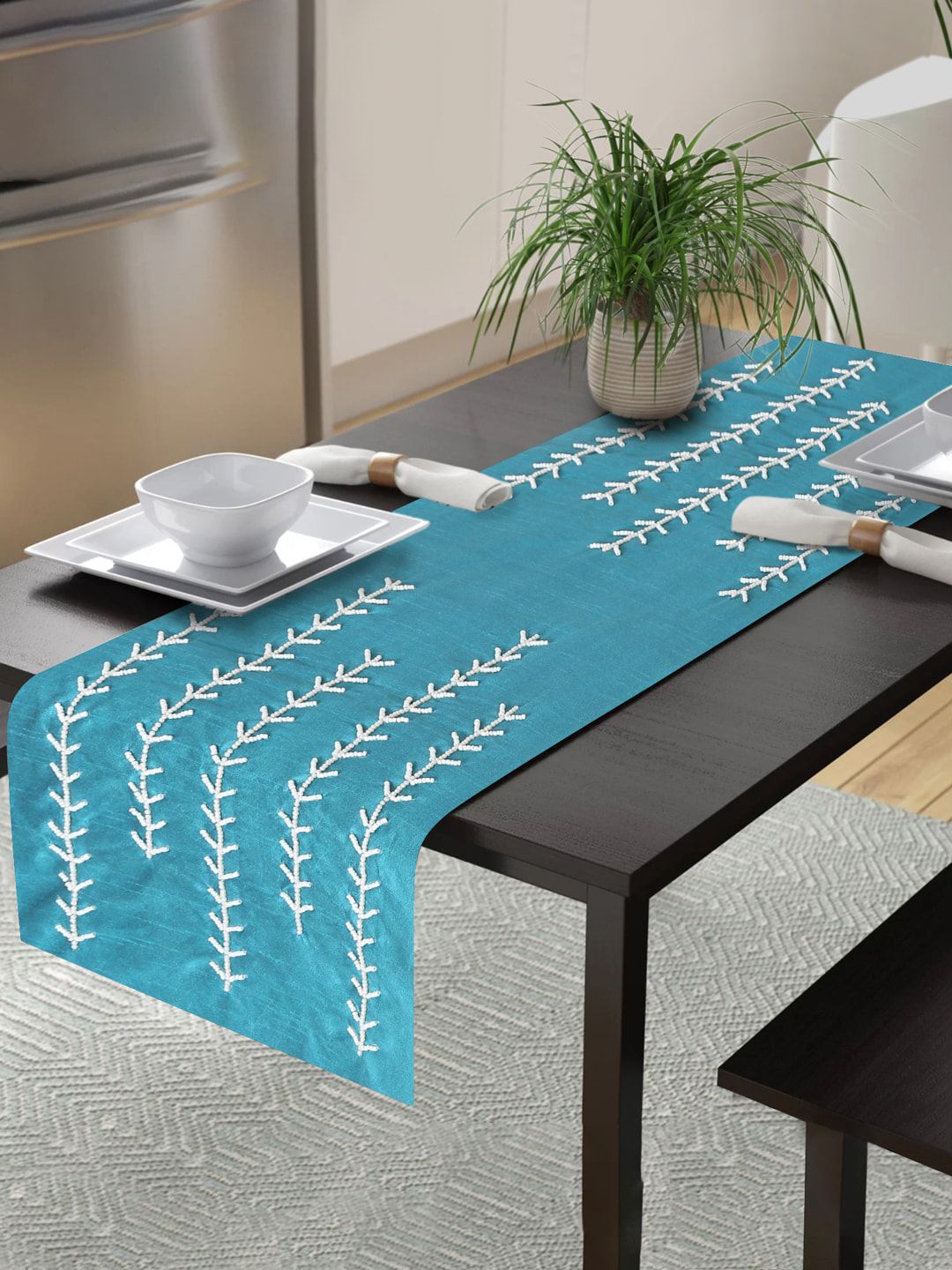 Alina decor Teal Blue & White Embroidered Table Runner Price in India