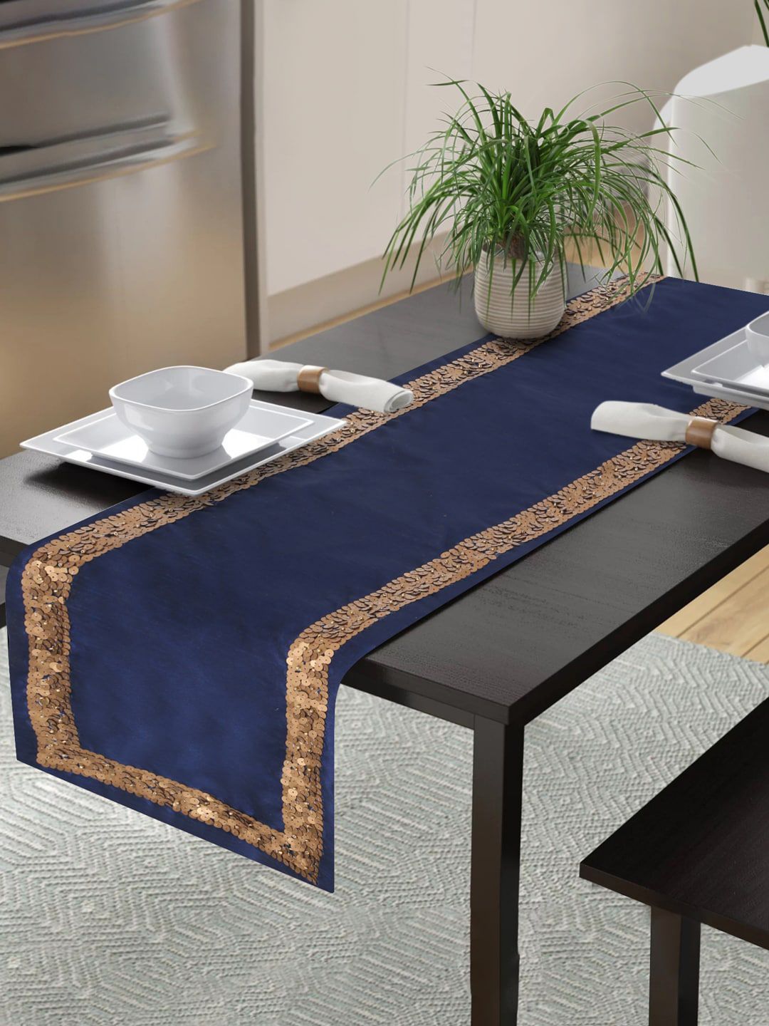 Alina decor Blue Embellished 6-Seater Table Runner Price in India