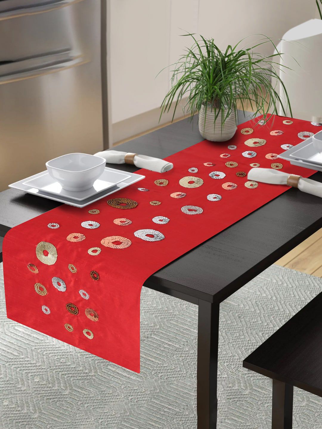 Alina decor Red & Silver-Coloured Embellished 6-Seater Table Runner Price in India