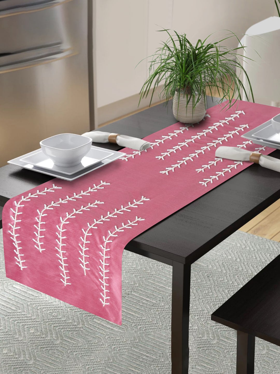 Alina decor Pink Embroidered 6-Seater Table Runner Price in India