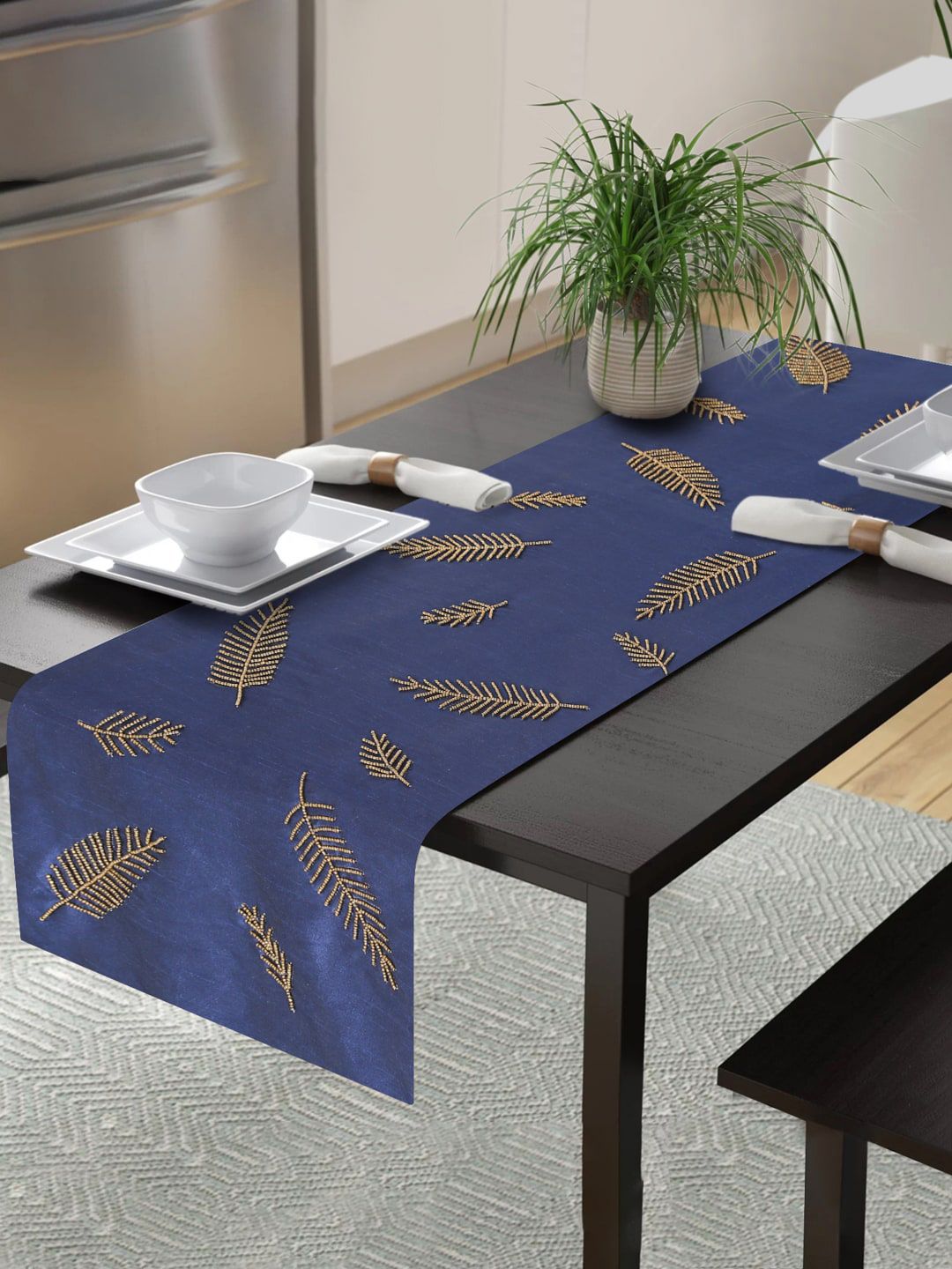 Alina decor Blue Embroidered 6-Seater Table Runner Price in India