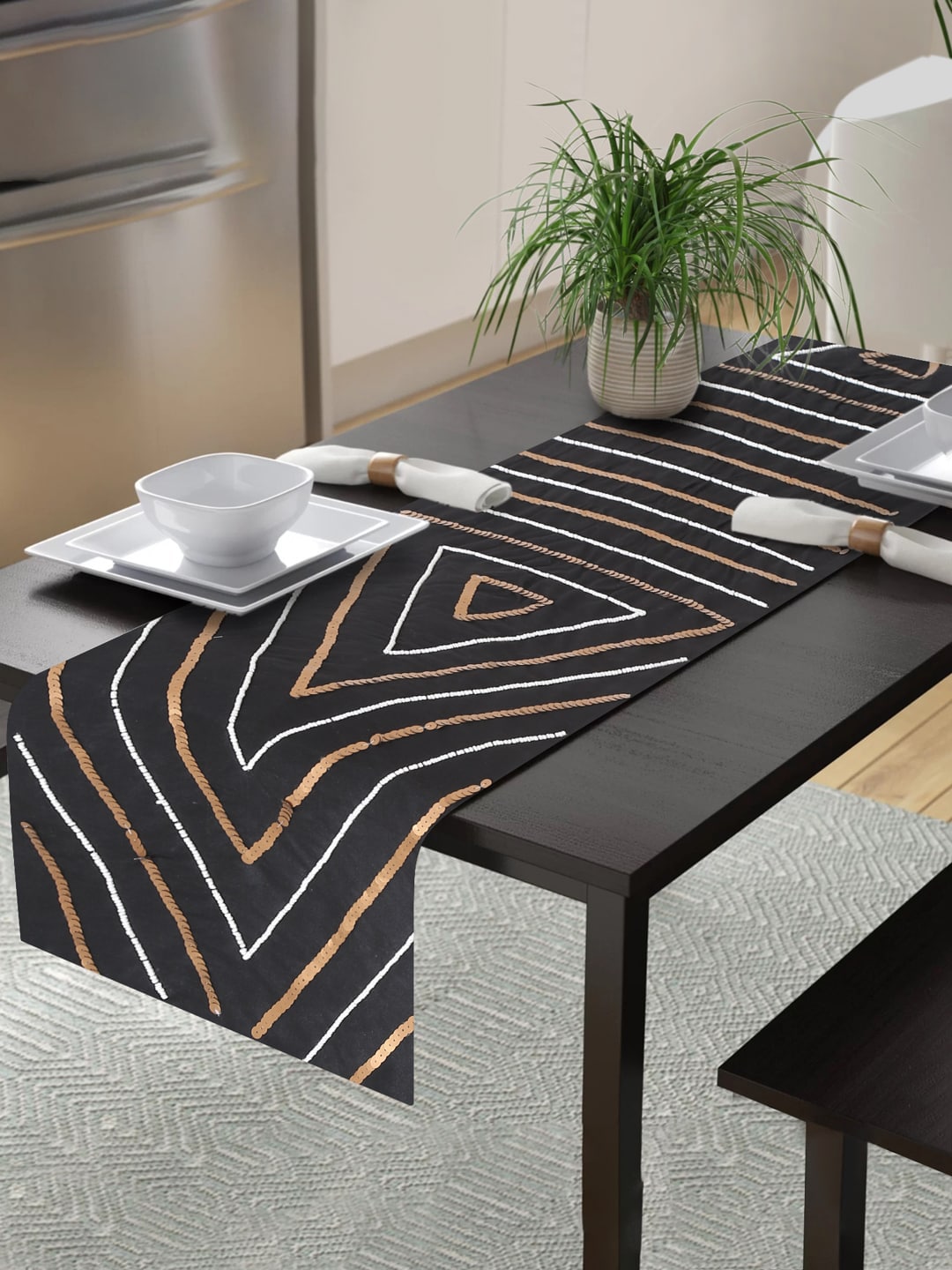 Alina decor Black & White Embellished 6-Seater Table Runner Price in India