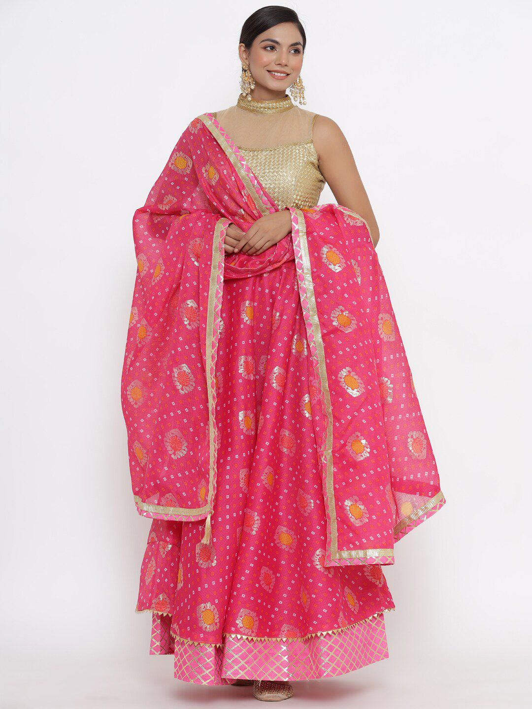 Kesarya Pink & Gold-Toned Embellished Ready to Wear Lehenga & Unstitched Blouse With Dupatta Price in India